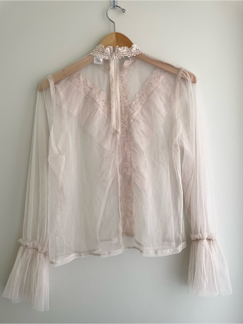 Romantic Victorian Sheer Ruffle Lace Pale Pink Whimsy Cute Goth Blouse - Picture 2 of 4